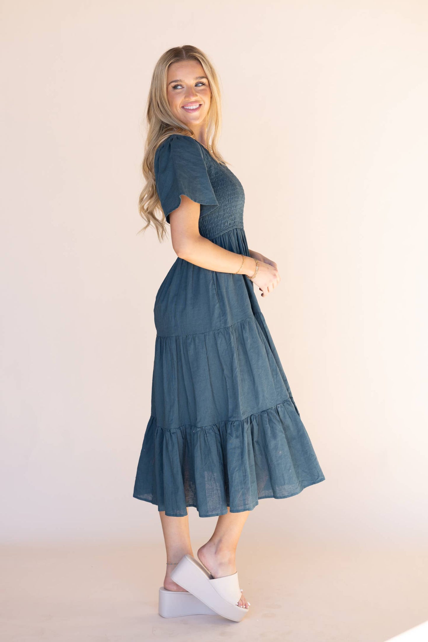 Natural Tayla Linen/Cotton Dress in Indigo Blue