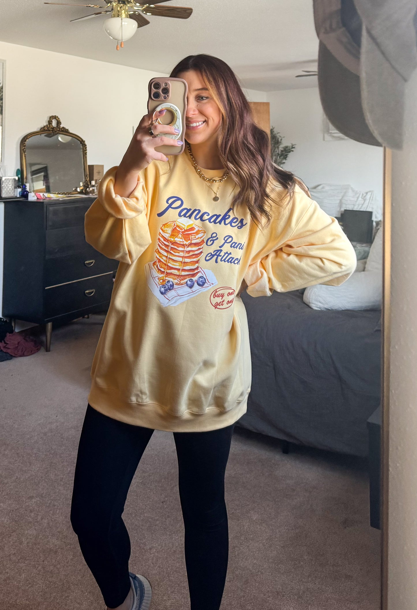 Pancakes & Panic Attacks Crewneck on Buttercream Bliss • made to order