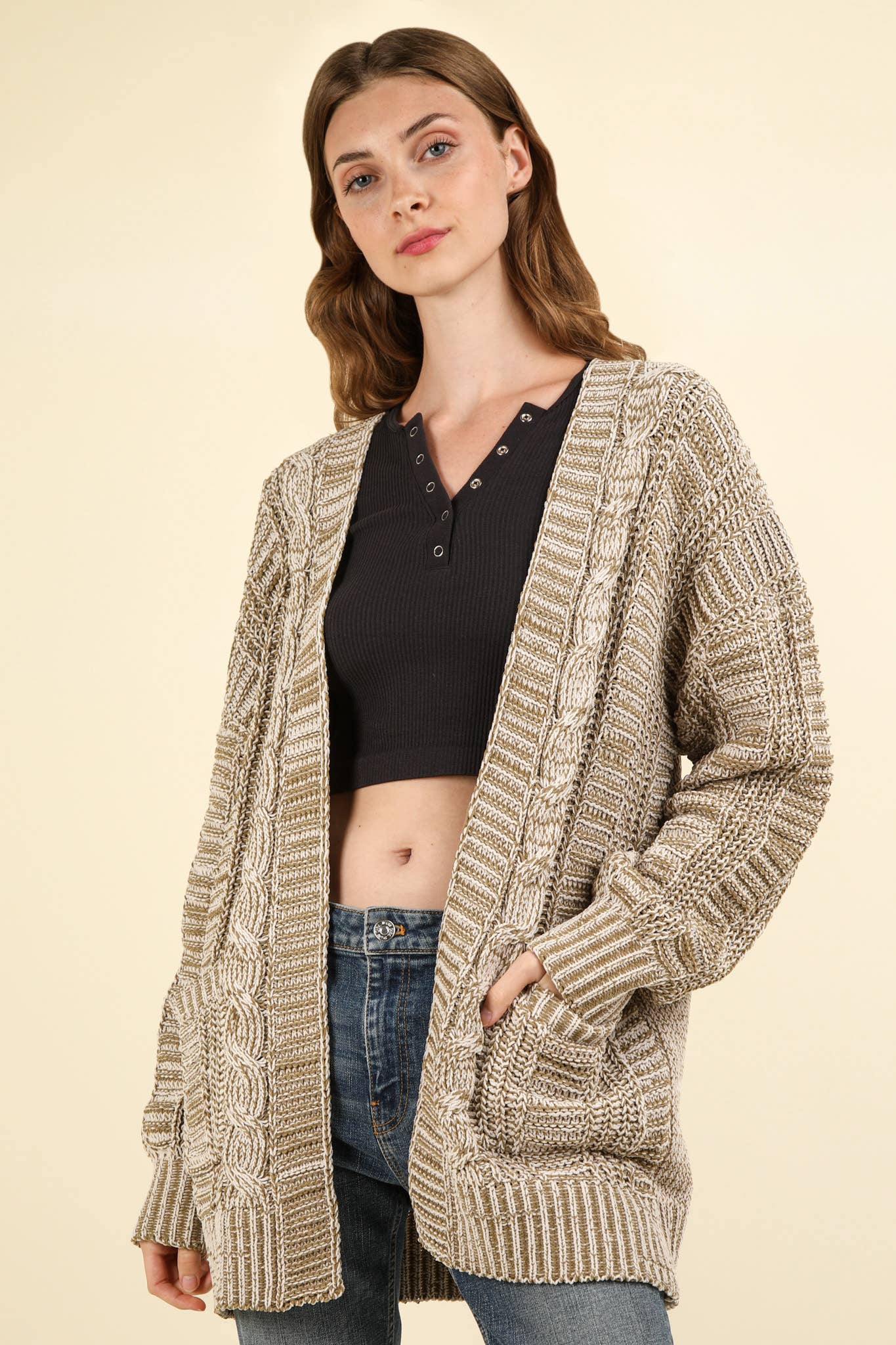 Two Tone Knit Oversized Sweater Cardigan W/ Pockets, Taupe