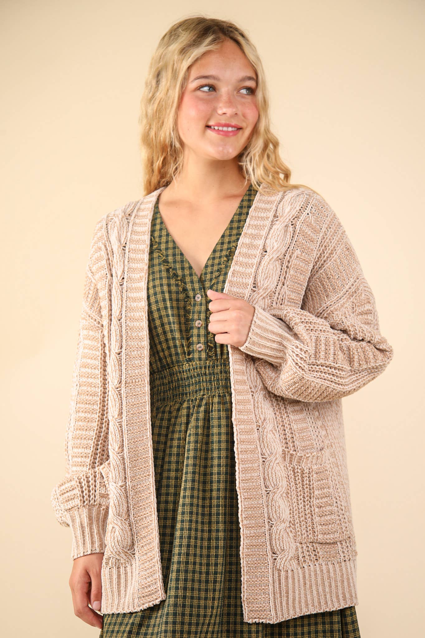 Two Tone Knit Oversized Sweater Cardigan W/ Pockets, Taupe
