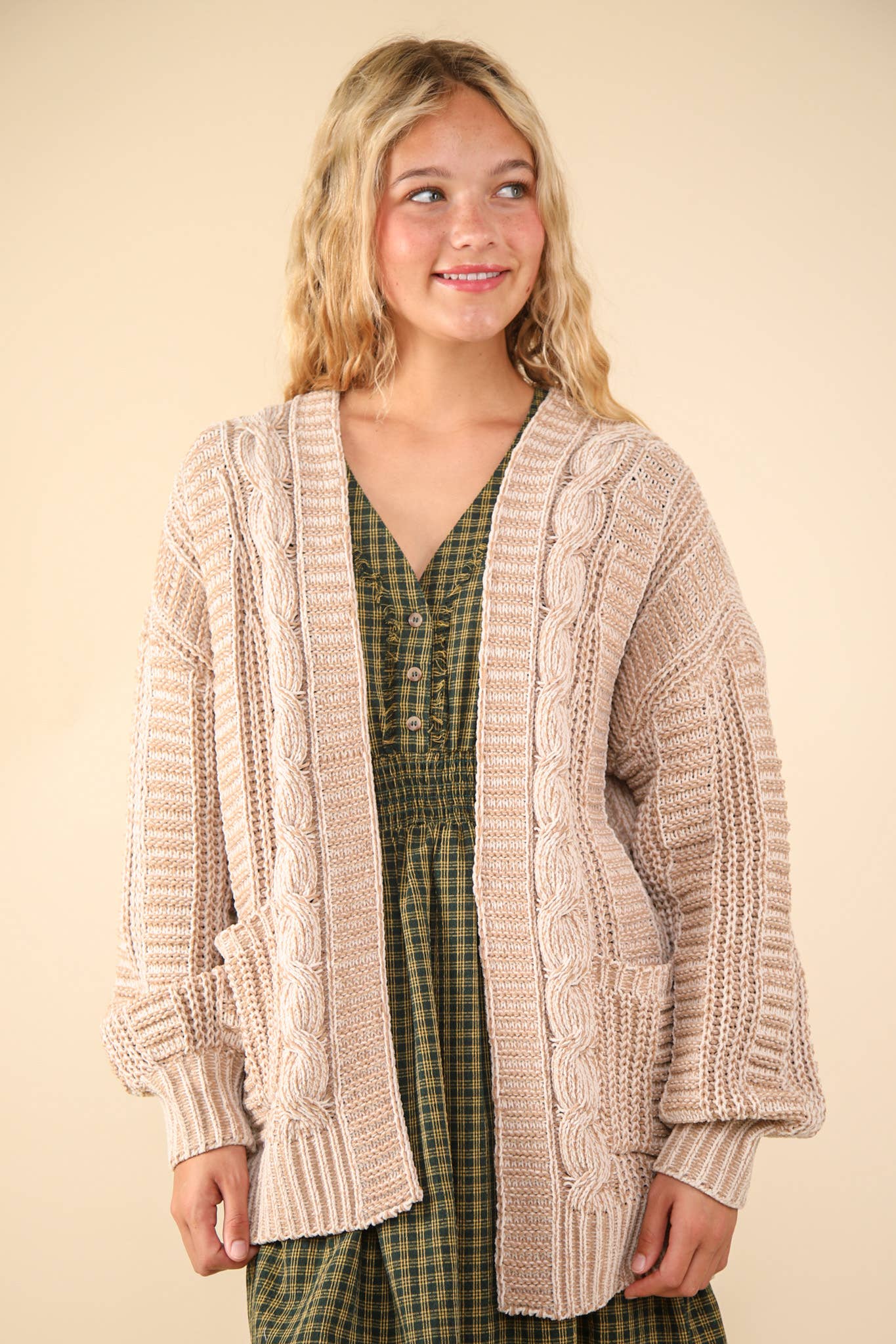 Two Tone Knit Oversized Sweater Cardigan W/ Pockets, Taupe