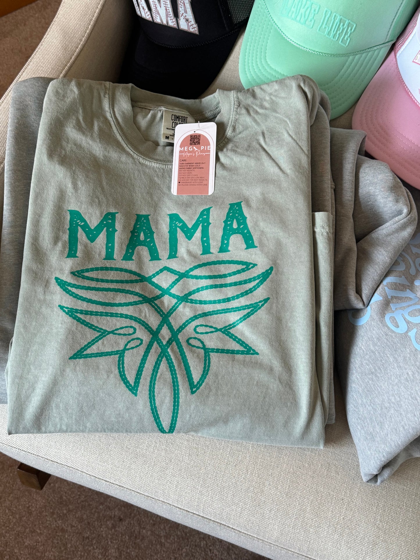 Boot Stitch Mama Comfort Colors Tee, Bay Green
