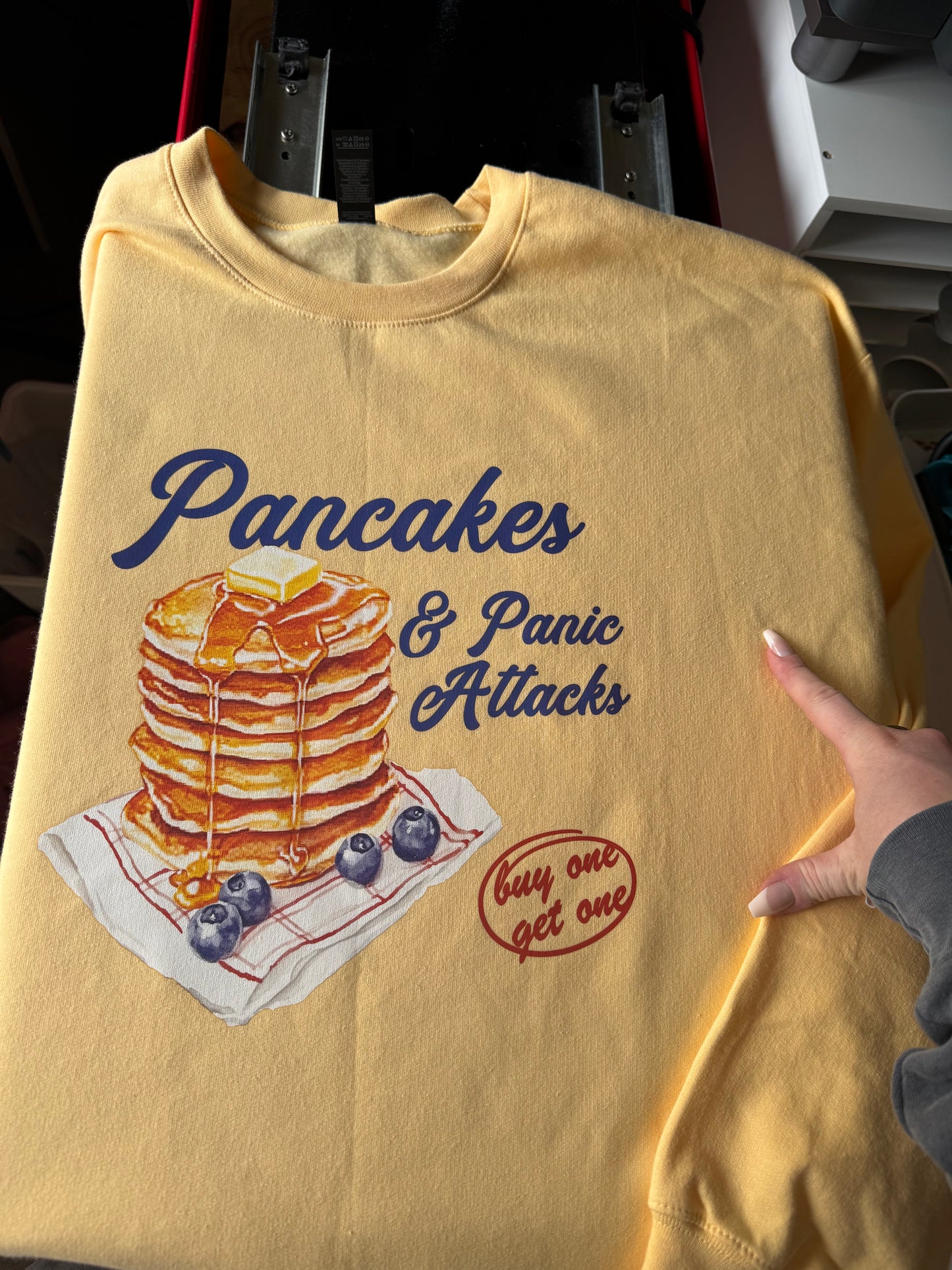 Pancakes & Panic Attacks Crewneck on Buttercream Bliss • made to order