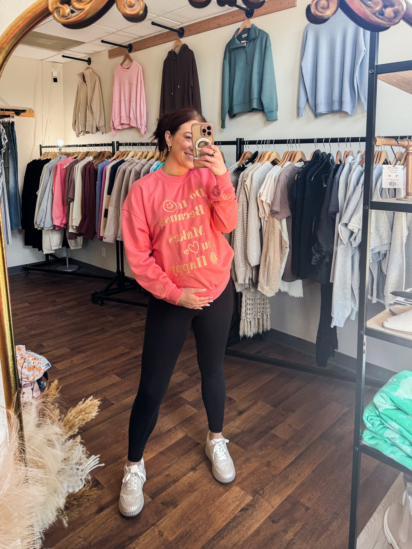 Embroidered Do It Because It Makes You Happy Sweatshirt, Light Gold on Pink