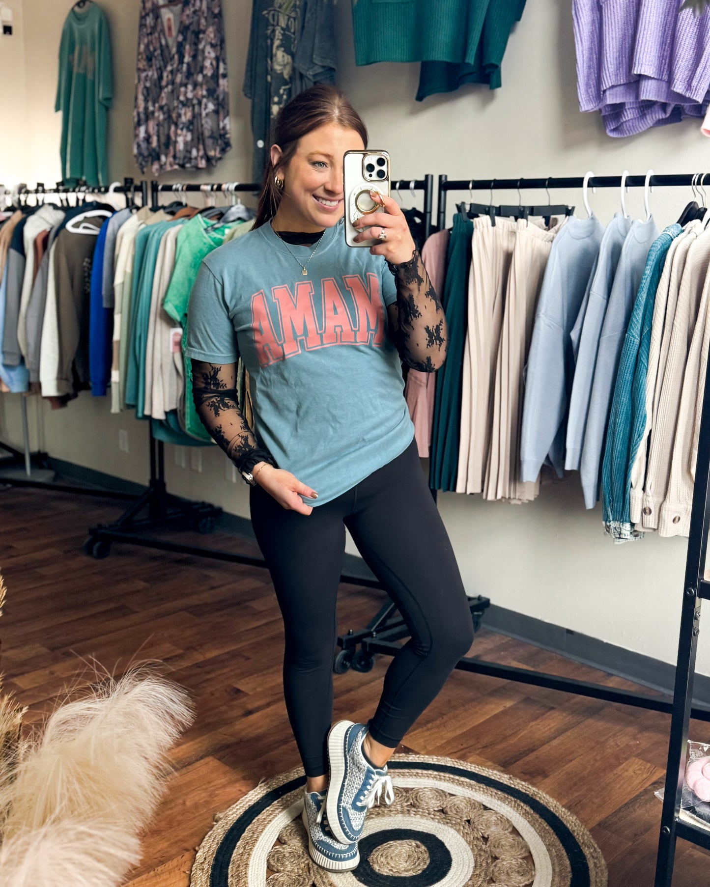 MAMA Tee, Rose Pink on Denim Blue