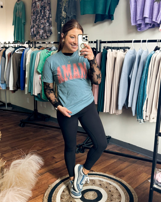 MAMA Tee, Rose Pink on Denim Blue