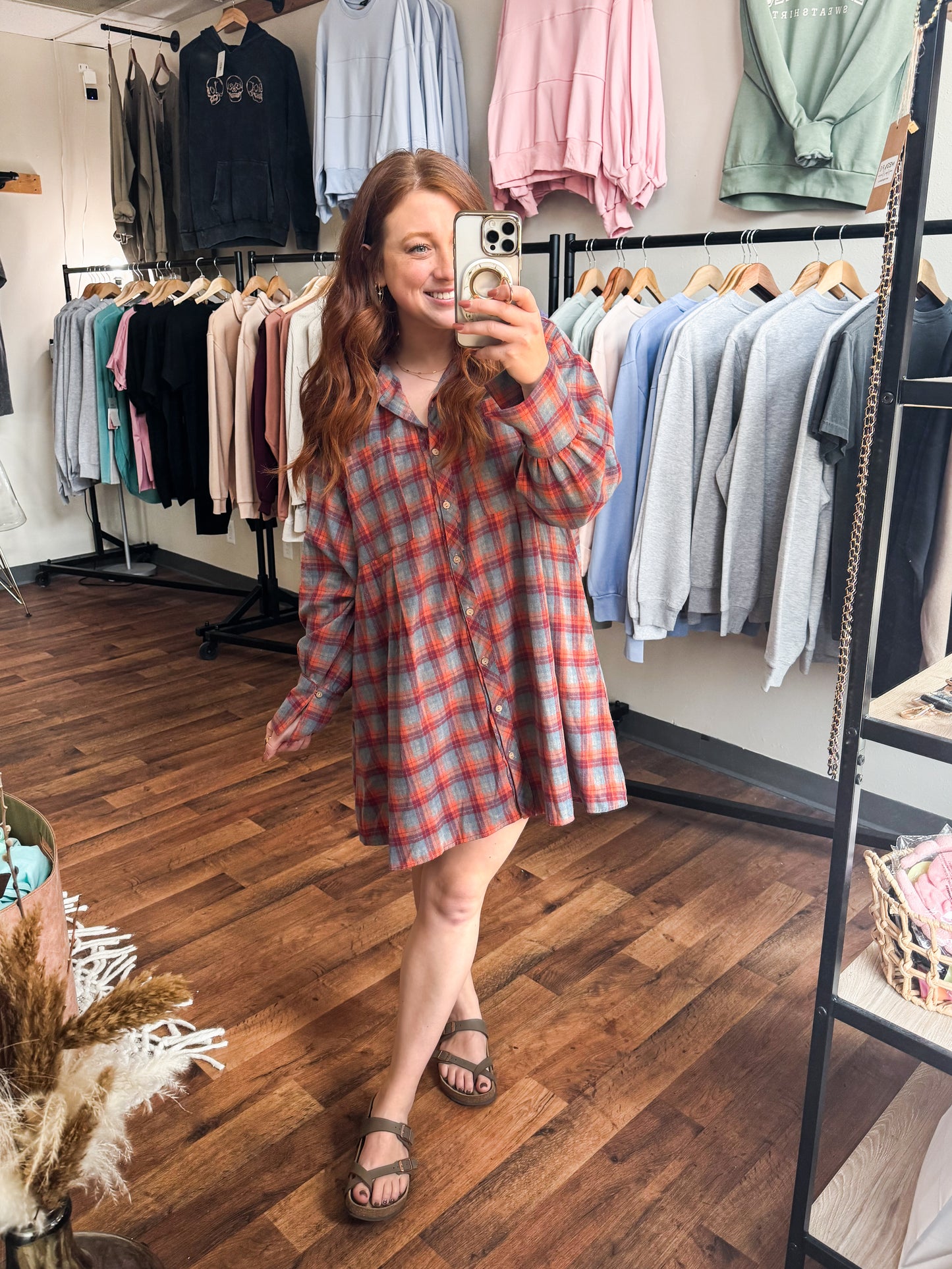 Oversized Plaid Button Down Tunic/Dress w Pockets , Red Orange Multi