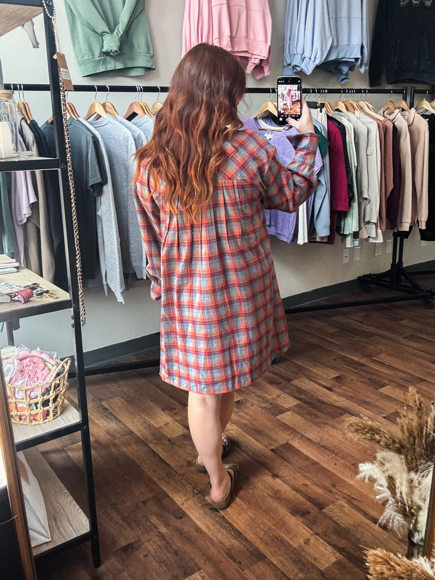 Oversized Plaid Button Down Tunic/Dress w Pockets , Red Orange Multi