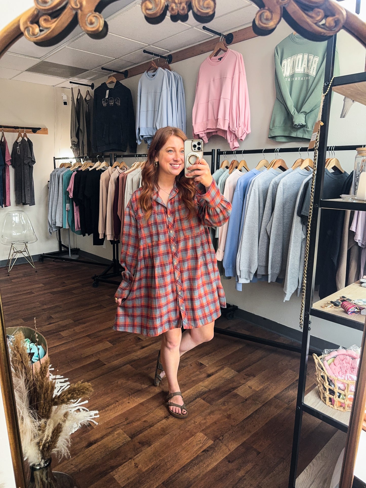 Oversized Plaid Button Down Tunic/Dress w Pockets , Red Orange Multi