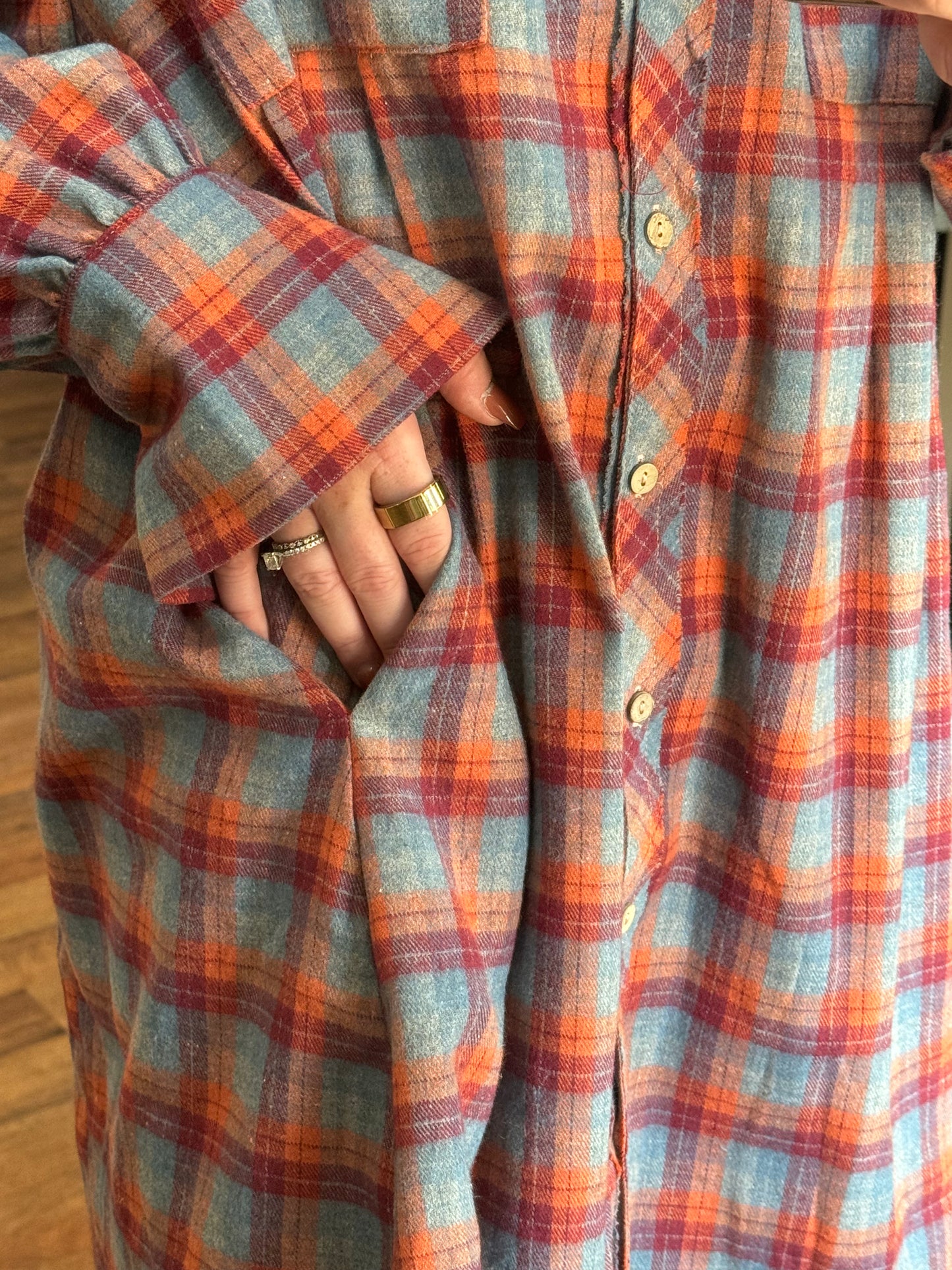 Oversized Plaid Button Down Tunic/Dress w Pockets , Red Orange Multi