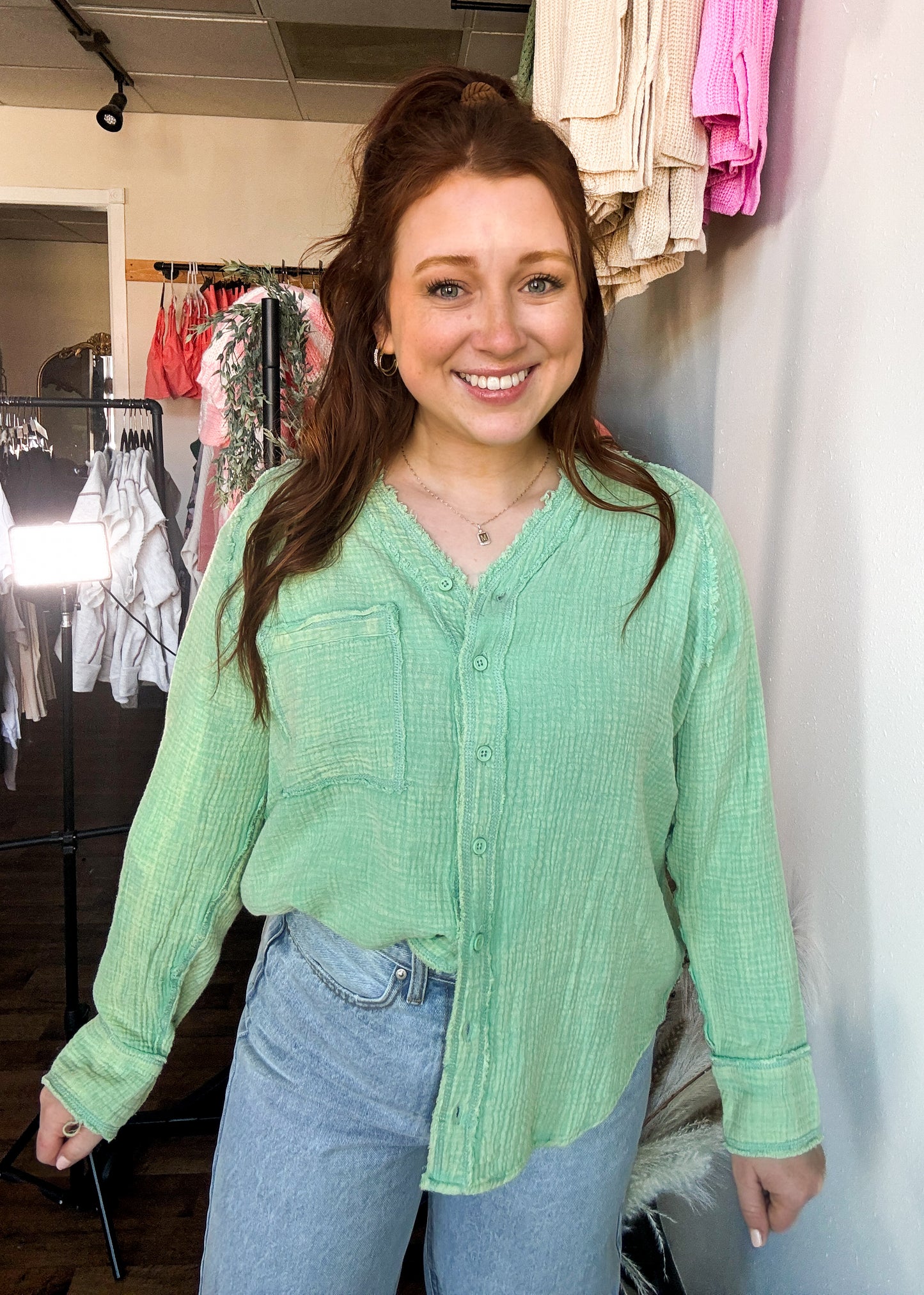 Oversized Washed Woven Crinkled Gauze Top, Pistachio