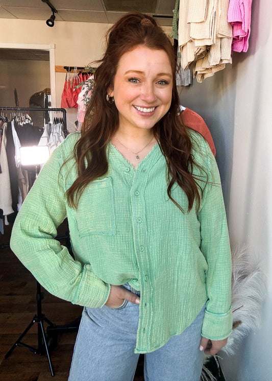 Oversized Washed Woven Crinkled Gauze Top, Pistachio