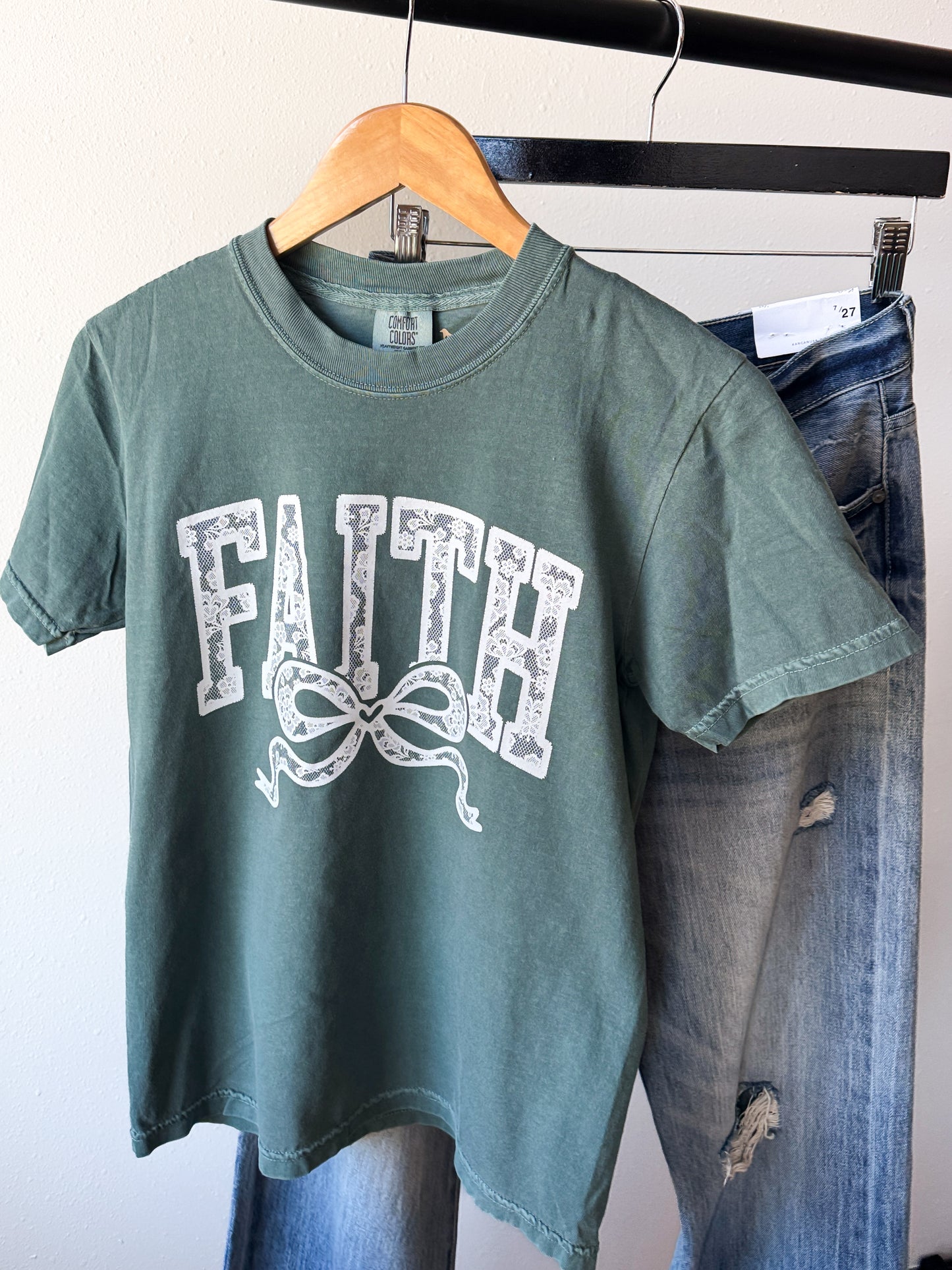 Lace Faith Comfort Colors Tee, Blue Spruce