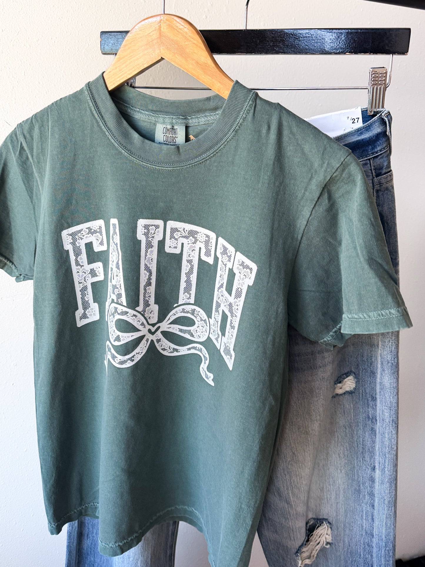 Lace Faith Comfort Colors Tee, Blue Spruce