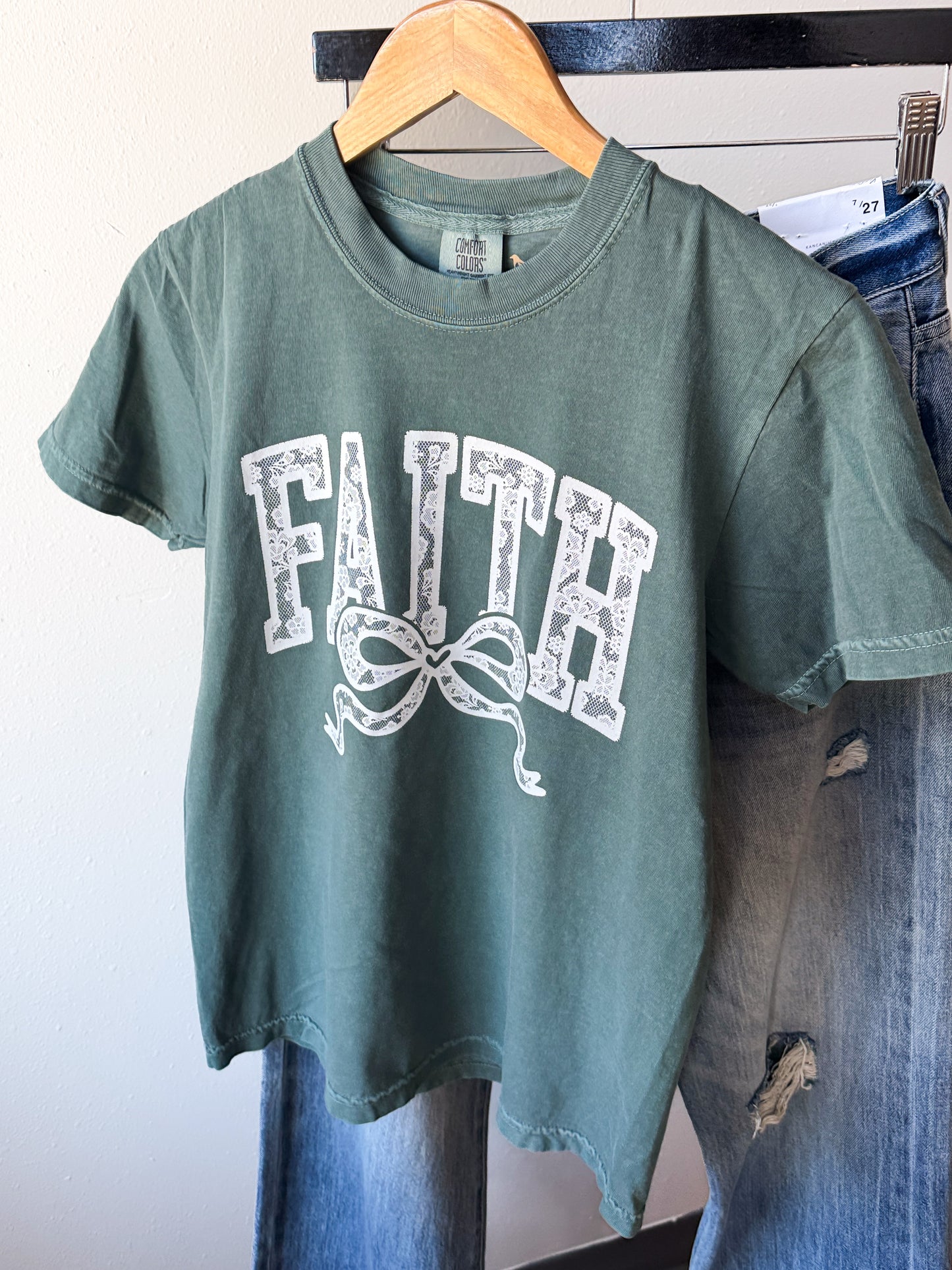 Lace Faith Comfort Colors Tee, Blue Spruce
