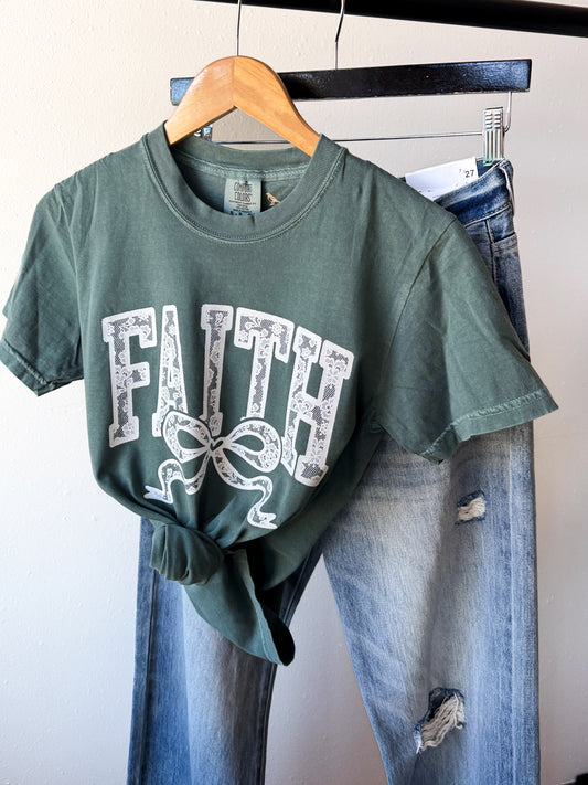 Lace Faith Comfort Colors Tee, Blue Spruce