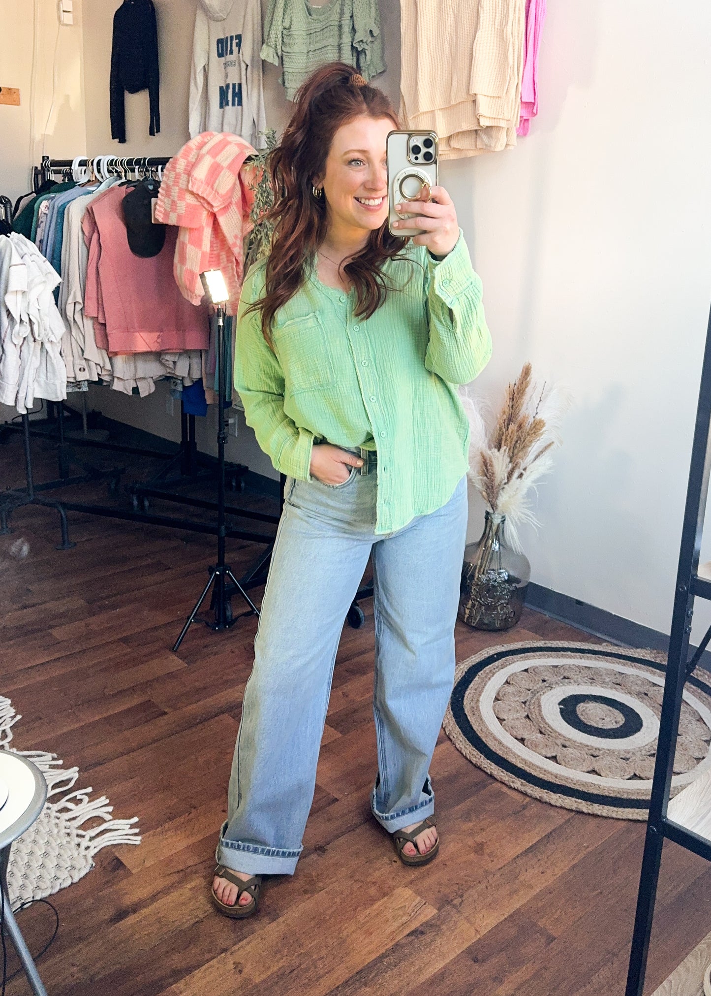 Oversized Washed Woven Crinkled Gauze Top, Pistachio