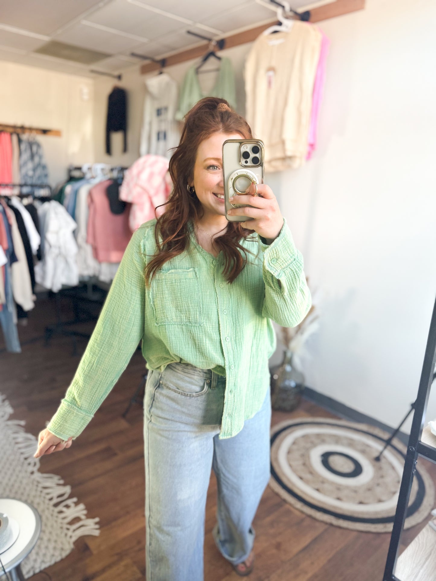 Oversized Washed Woven Crinkled Gauze Top, Pistachio