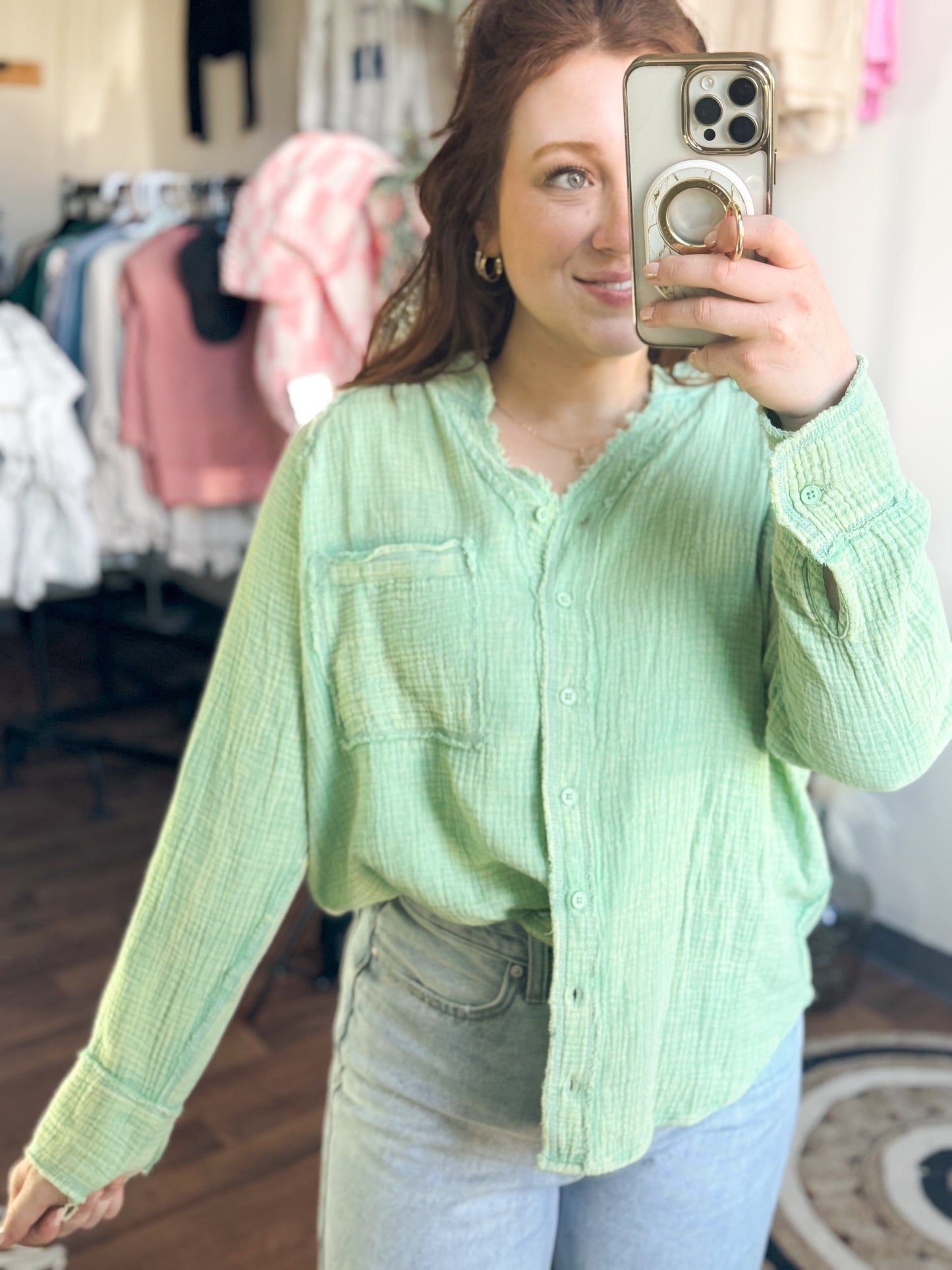 Oversized Washed Woven Crinkled Gauze Top, Pistachio