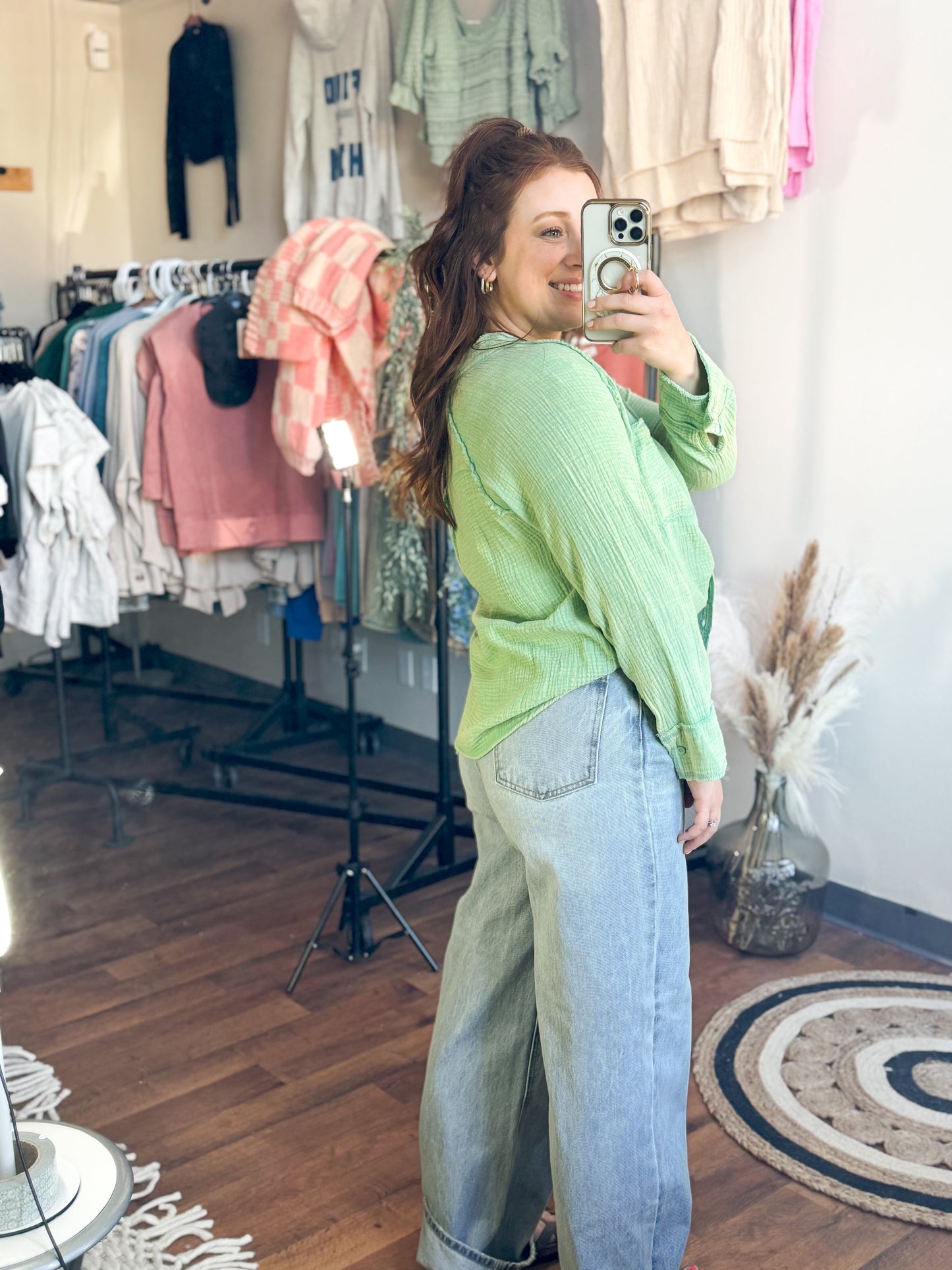 Oversized Washed Woven Crinkled Gauze Top, Pistachio