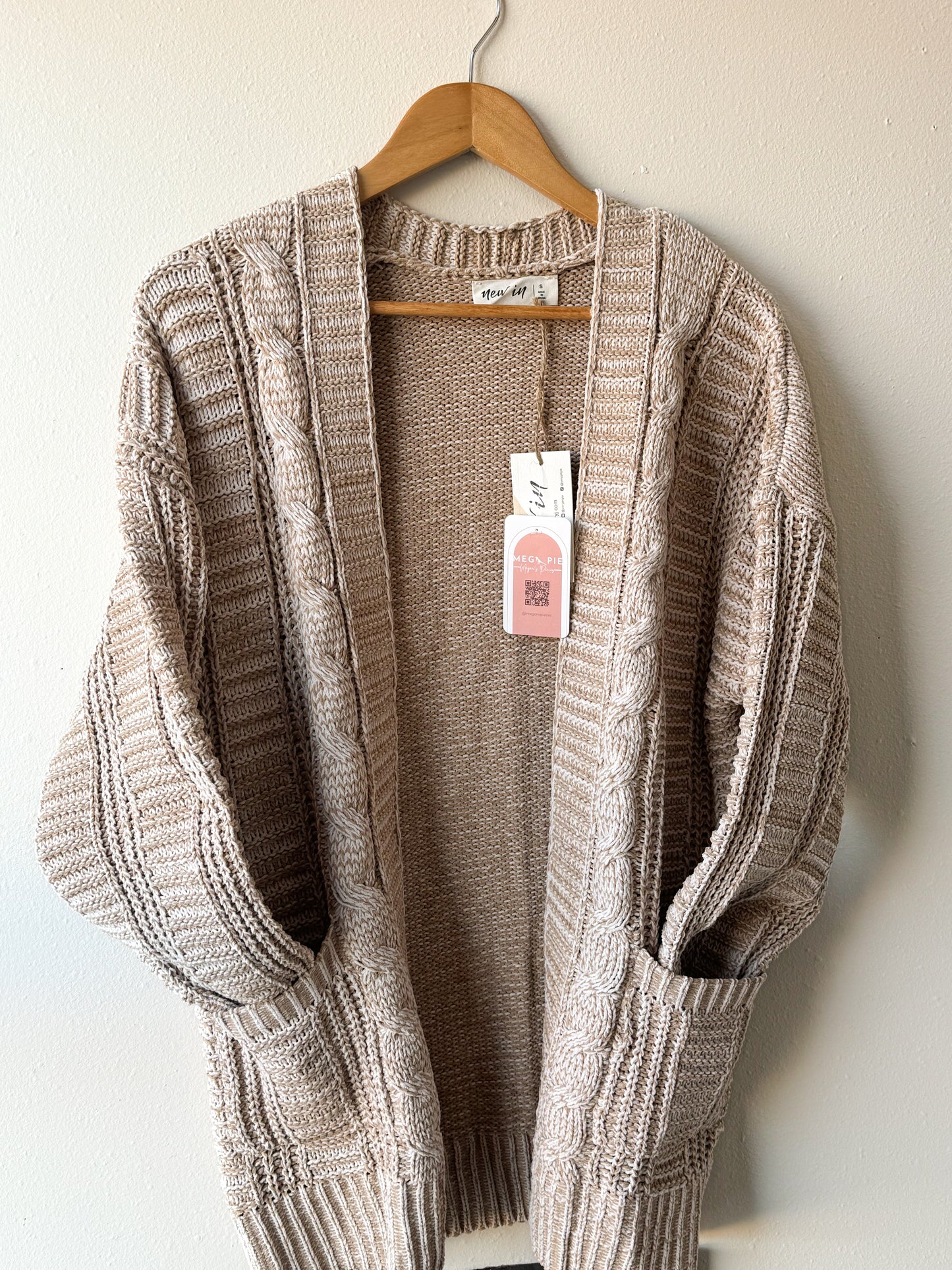 Two Tone Knit Oversized Sweater Cardigan W/ Pockets, Taupe