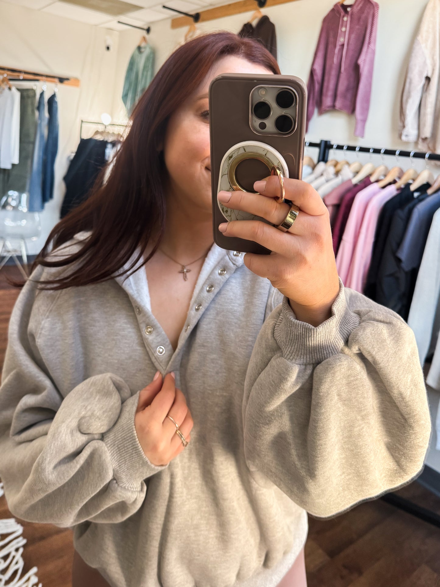 Piper Snap Sweatshirt Pullover, H. Grey
