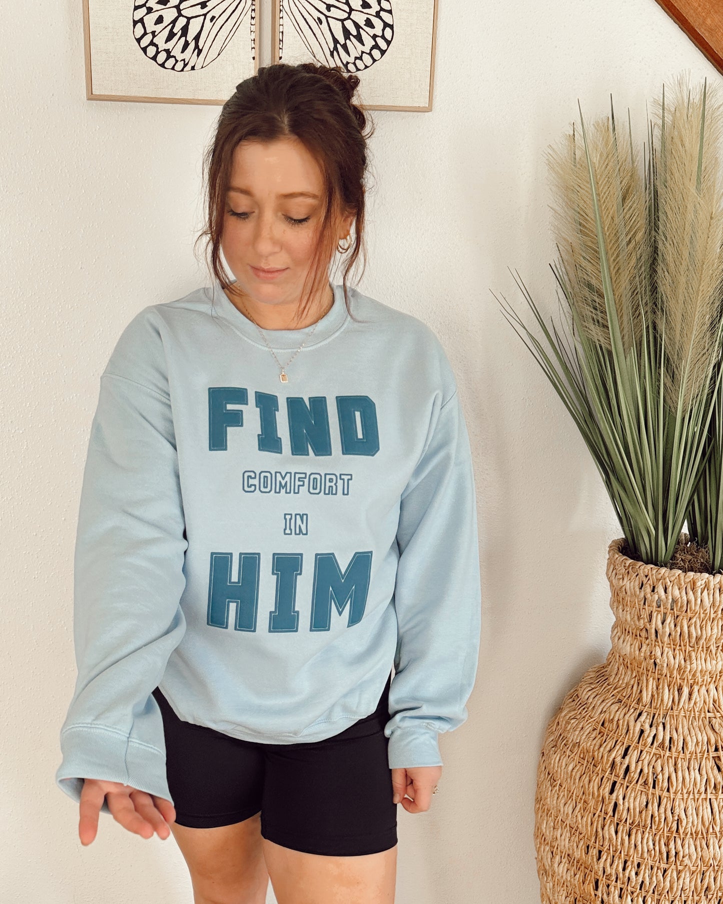 FIND HIM, Denim Puff Ink on a Light Blue Crewneck