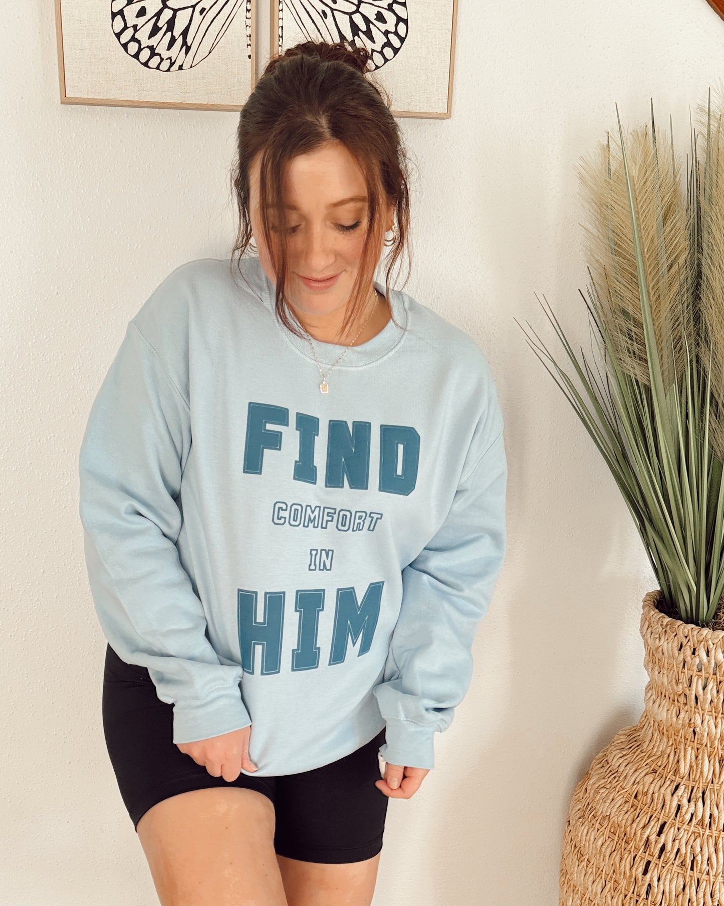 FIND HIM, Denim Puff Ink on a Light Blue Crewneck
