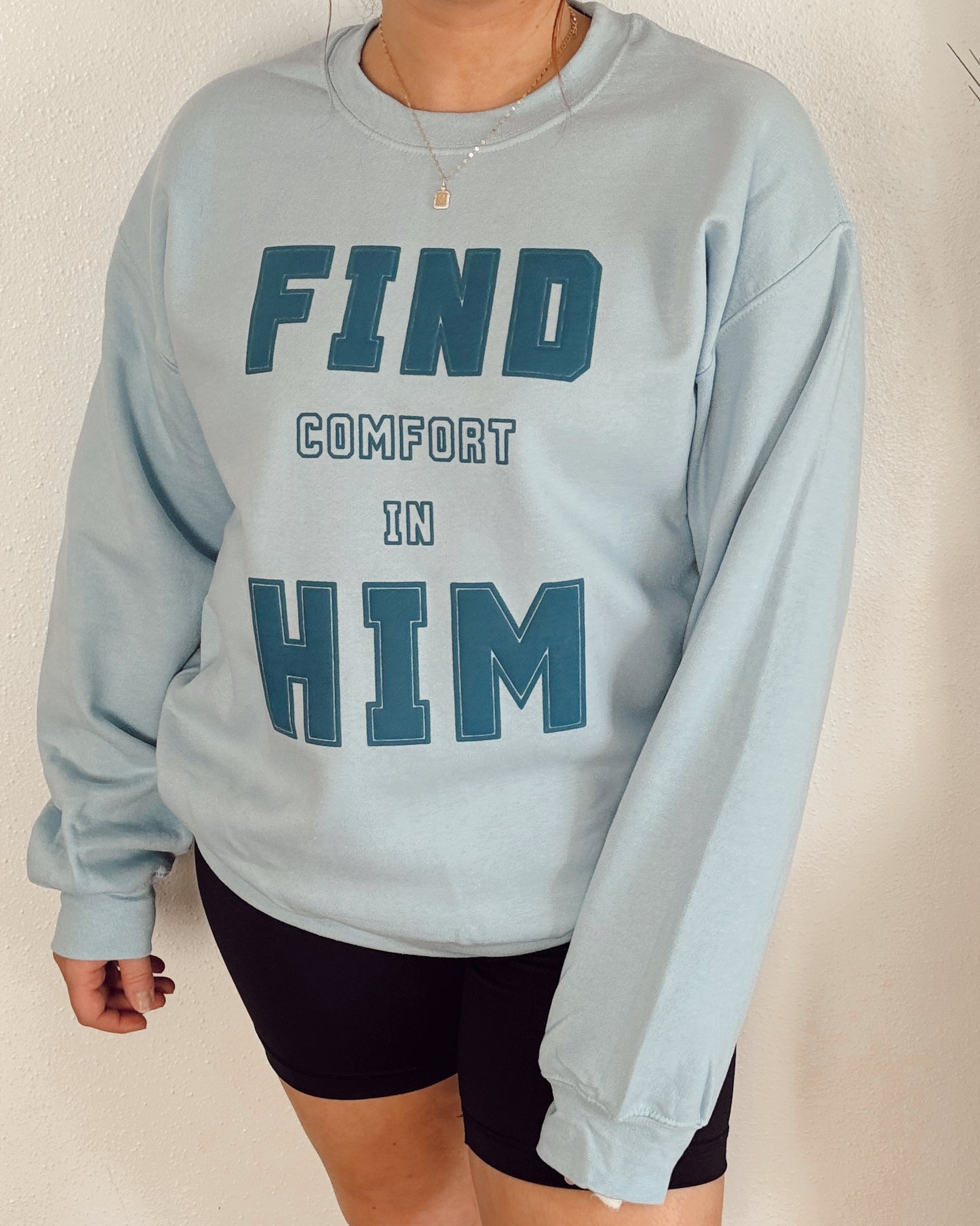 FIND HIM, Denim Puff Ink on a Light Blue Crewneck