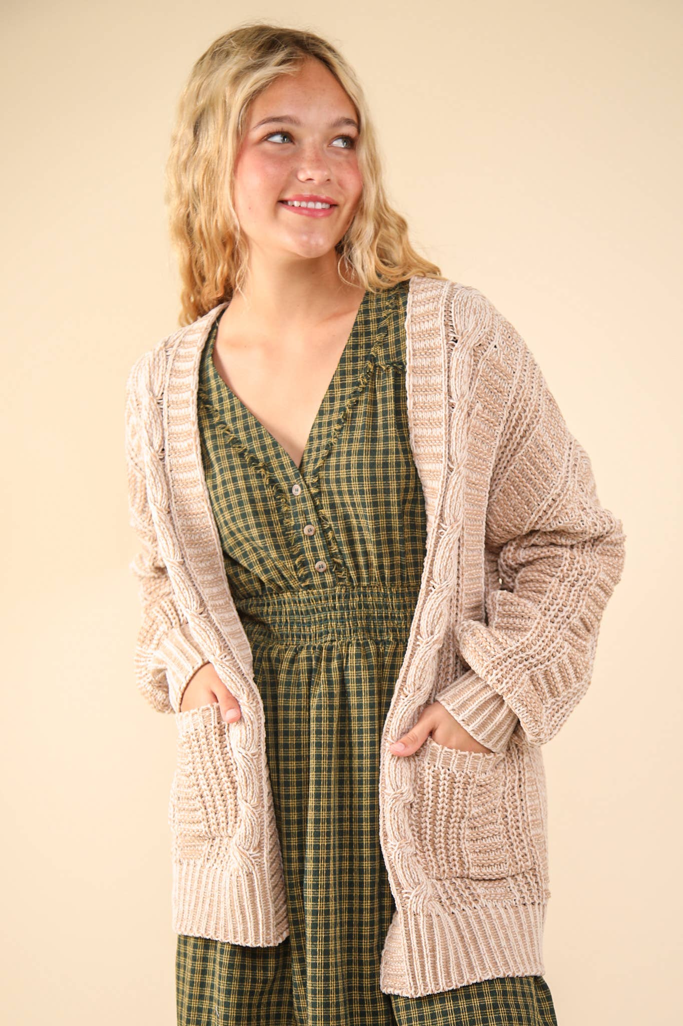 Two Tone Knit Oversized Sweater Cardigan W/ Pockets, Taupe