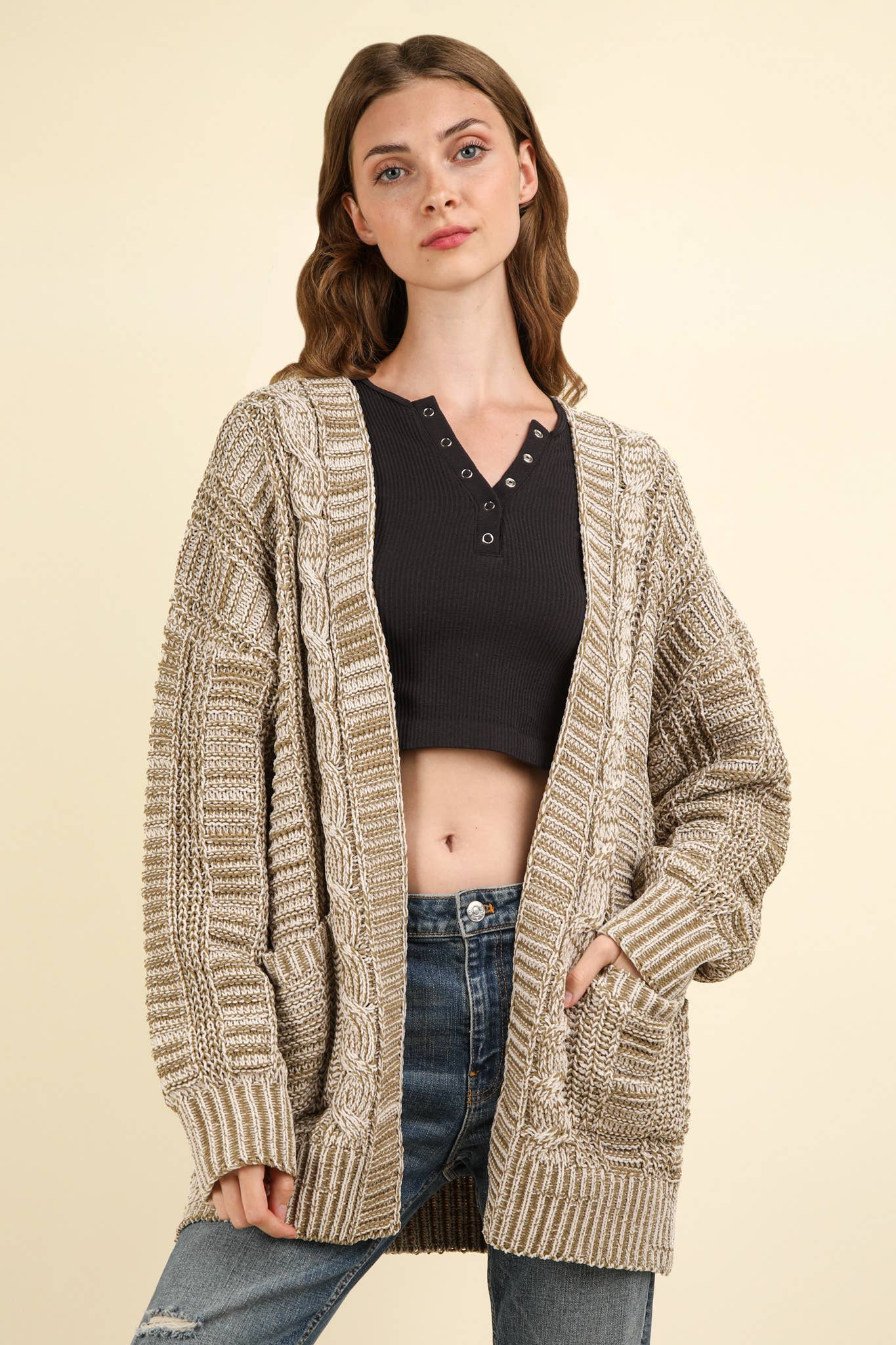 Two Tone Knit Oversized Sweater Cardigan W/ Pockets: Olive