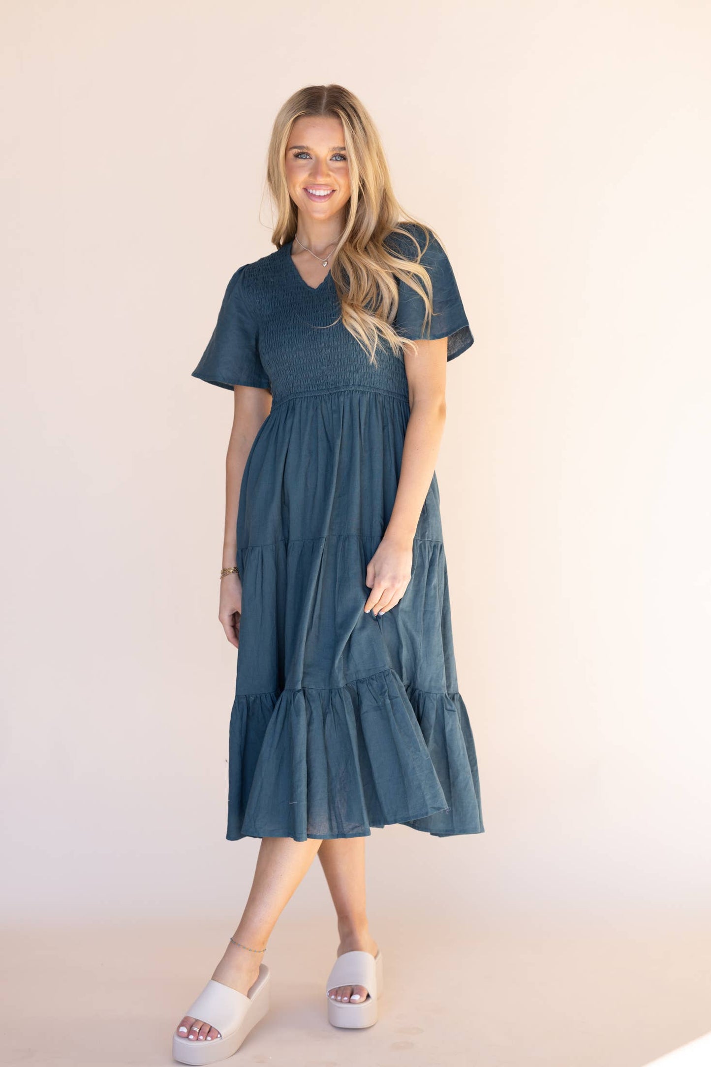 Natural Tayla Linen/Cotton Dress in Indigo Blue