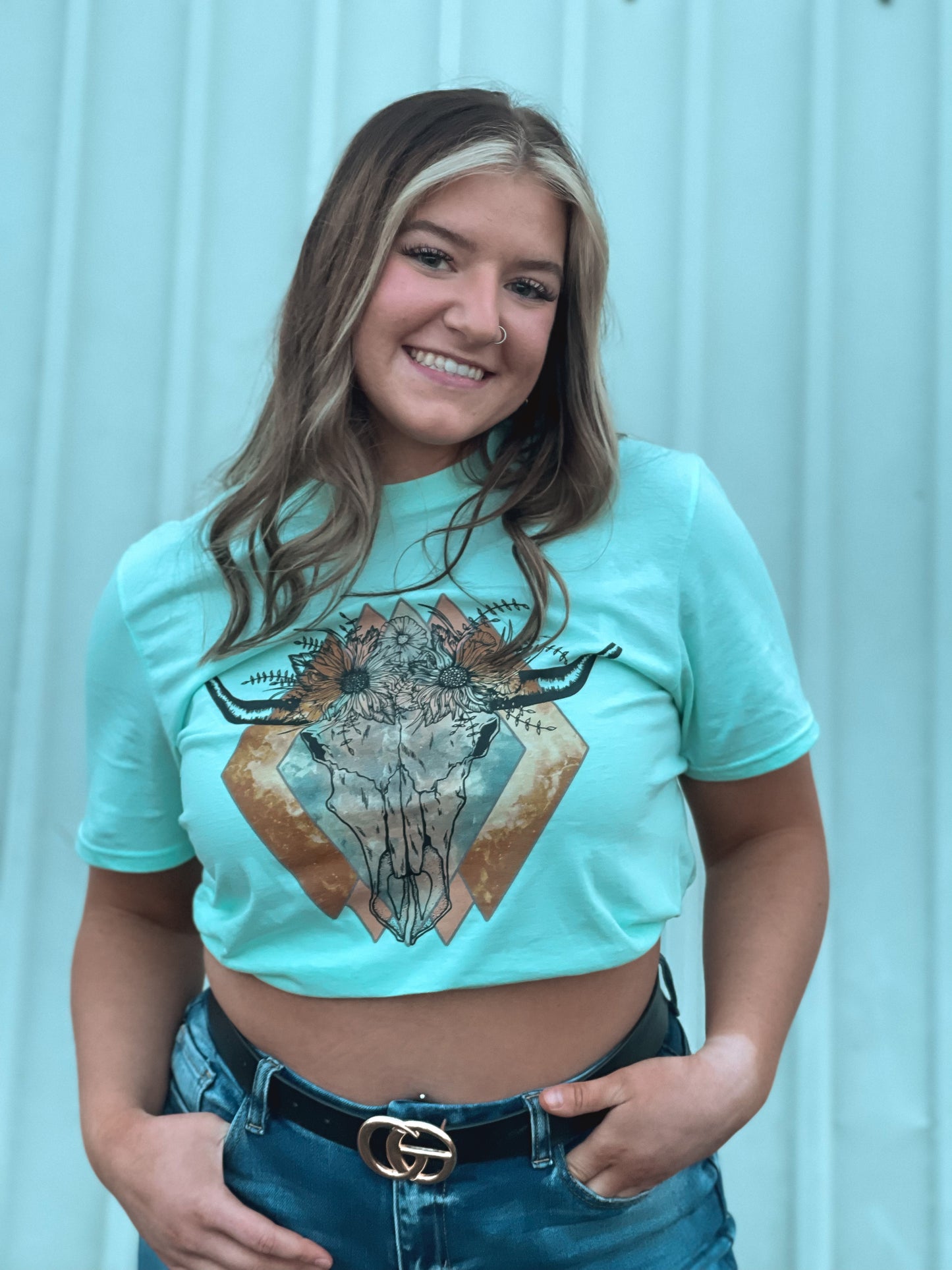 BIN- FINAL SALE, Teal Ice Western Diamond Bull Skull