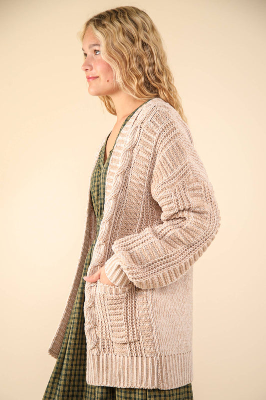 Two Tone Knit Oversized Sweater Cardigan W/ Pockets, Taupe