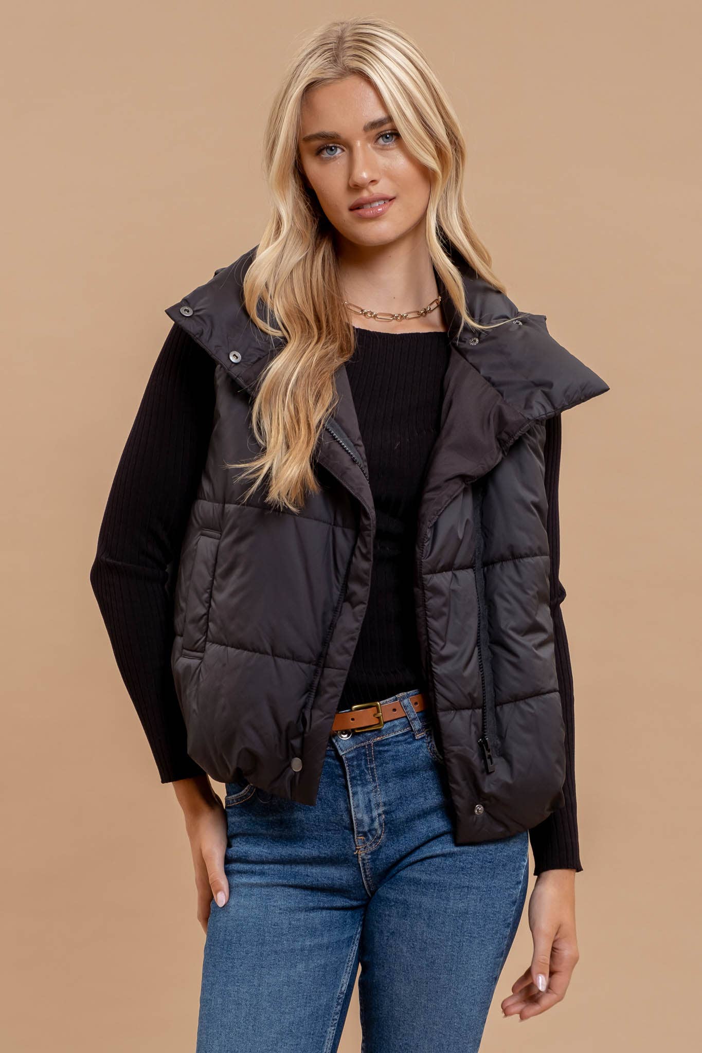 Asymmetrical Zip Up High Neck Puffer Vest, BLACK