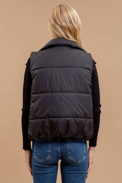 Asymmetrical Zip Up High Neck Puffer Vest, BLACK