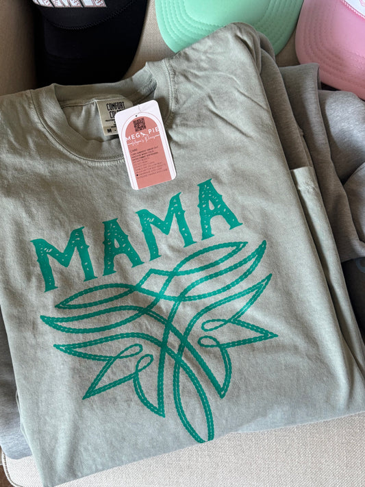 Boot Stitch Mama Comfort Colors Tee, Bay Green