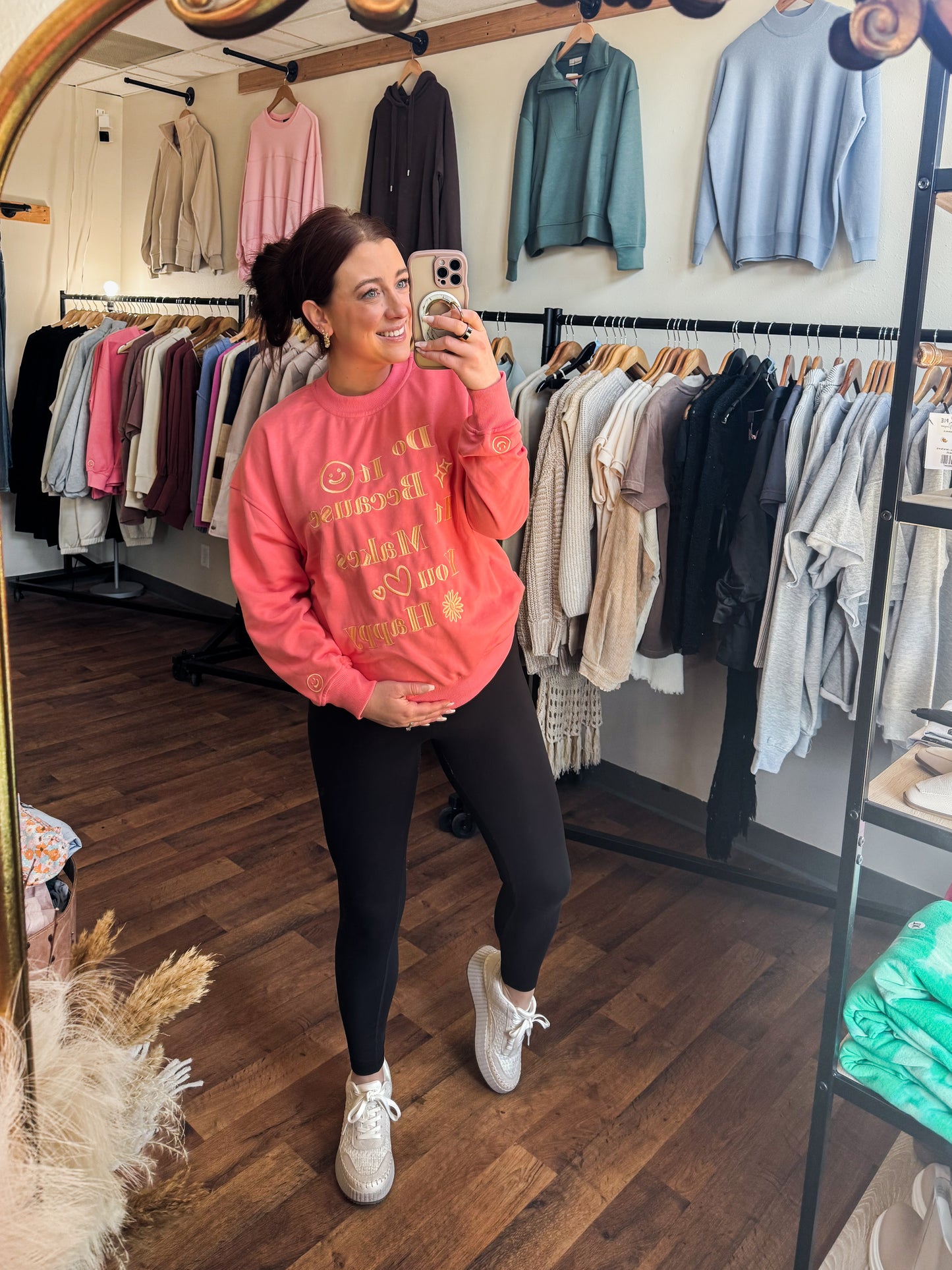 Embroidered Do It Because It Makes You Happy Sweatshirt, Light Gold on Pink