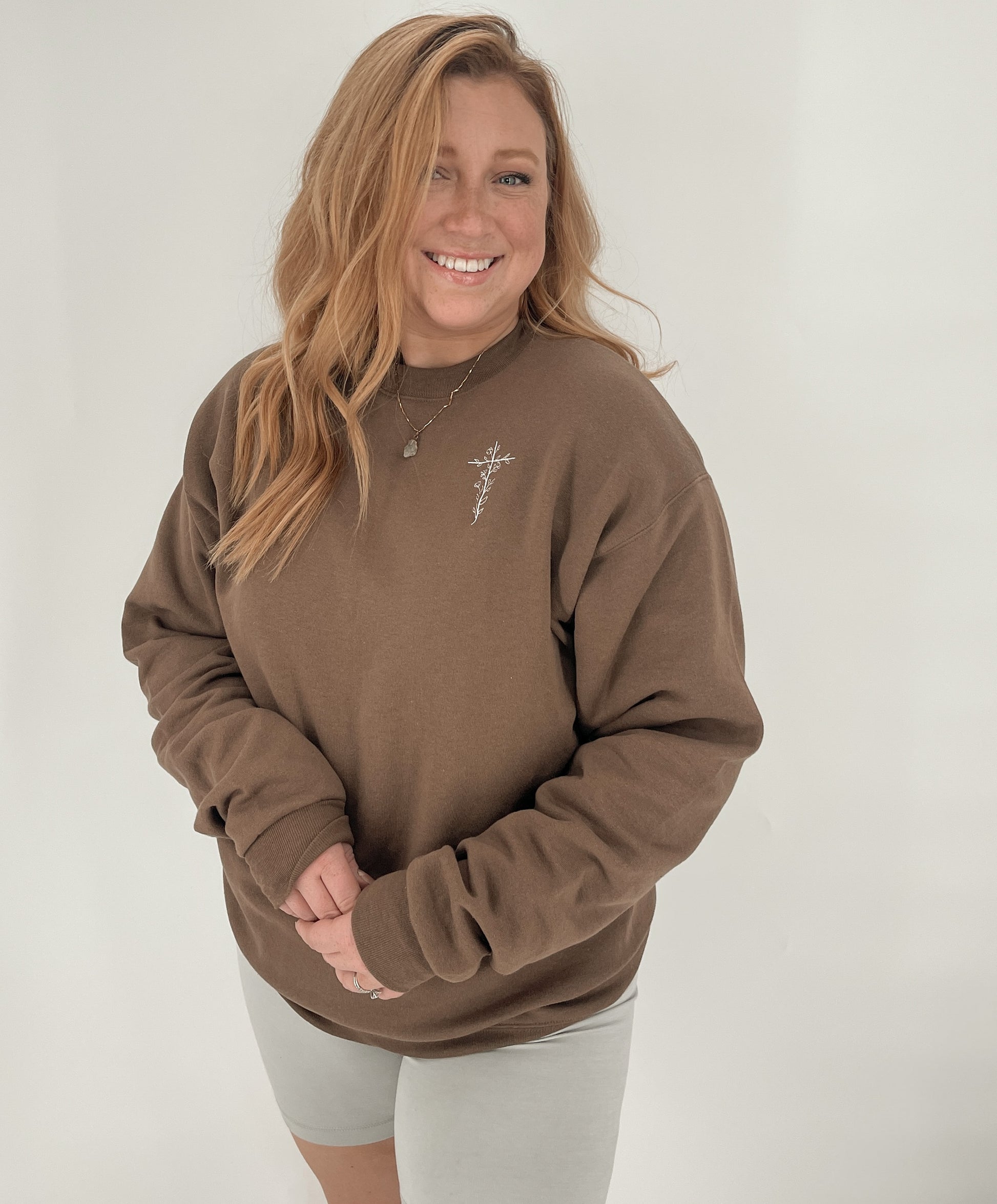 Embroidered Floral Cross Sweatshirt | Stonewash Green OR Brown – Megan's  Pieces
