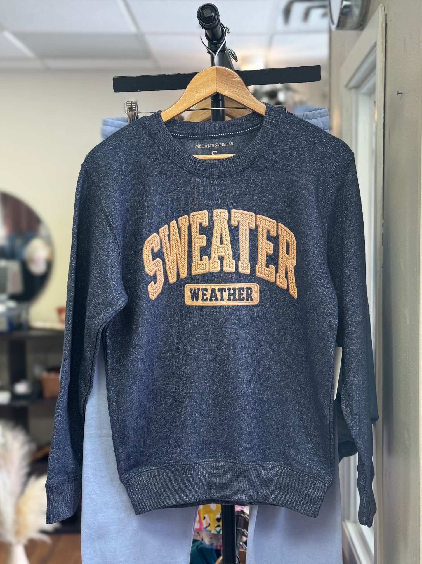 Sweater Weather Faux Yarn Crewneck, Navy Blue