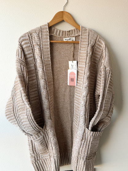 Two Tone Knit Oversized Sweater Cardigan W/ Pockets, Taupe