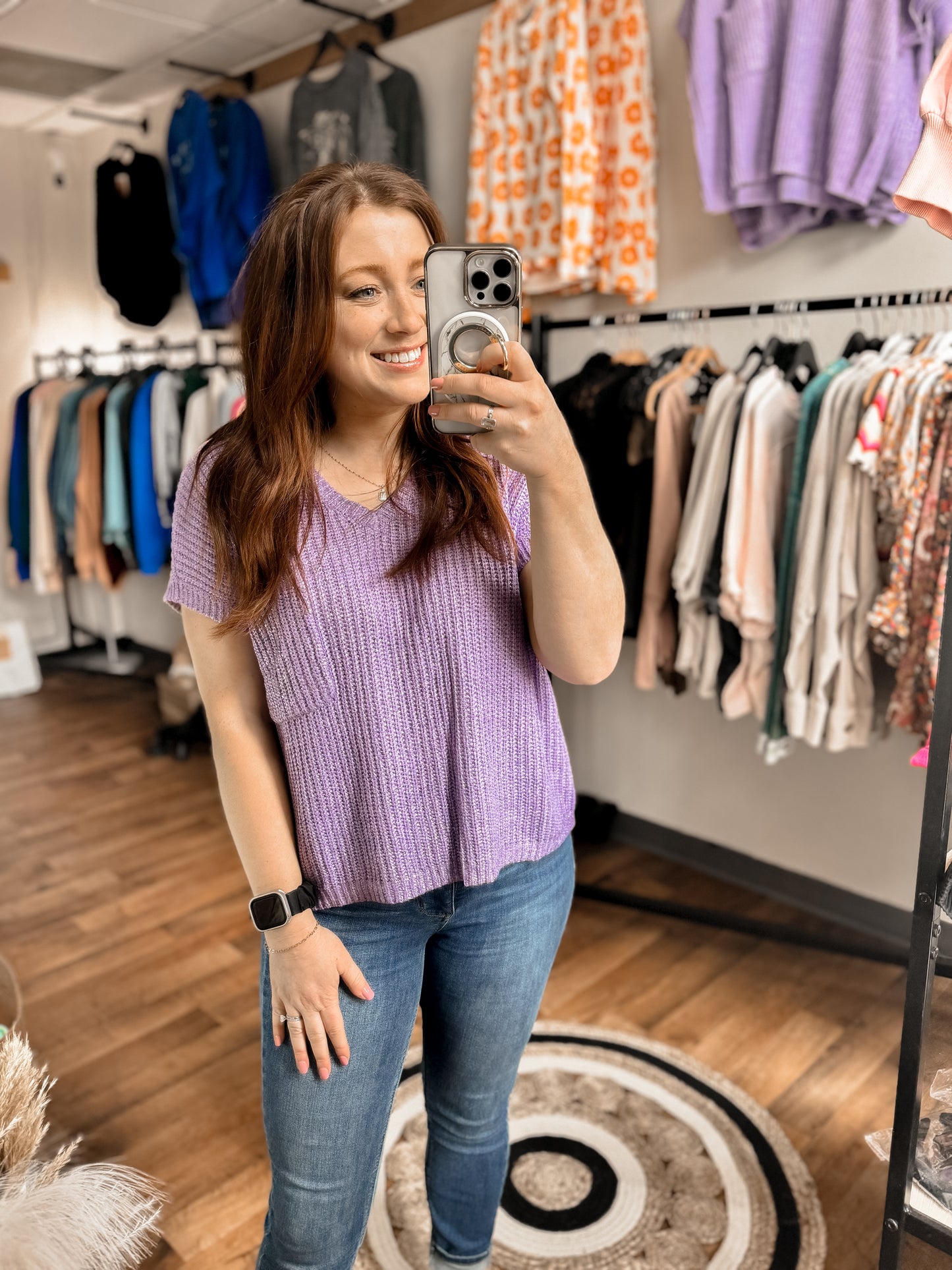 She + Sky Lavender Metallic Coated Knitted Top