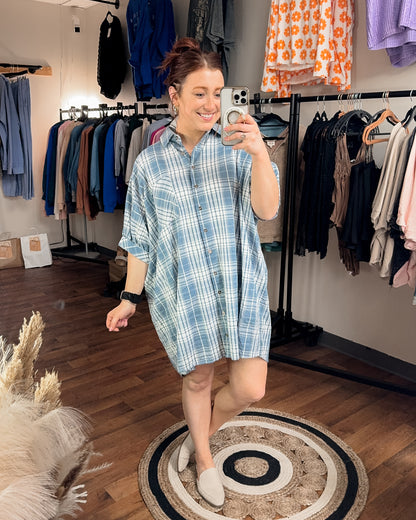 Chambray Plaid Mini Dress (+curvy)