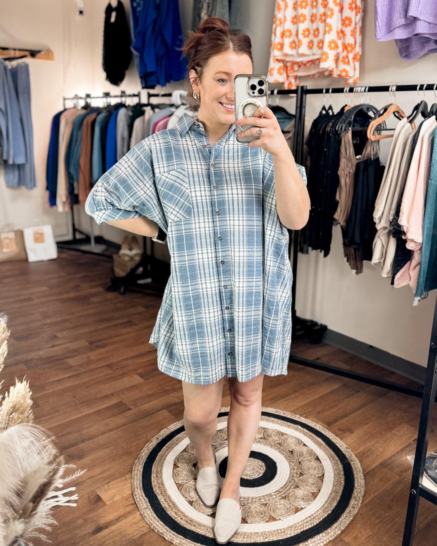 Chambray Plaid Mini Dress (+curvy)