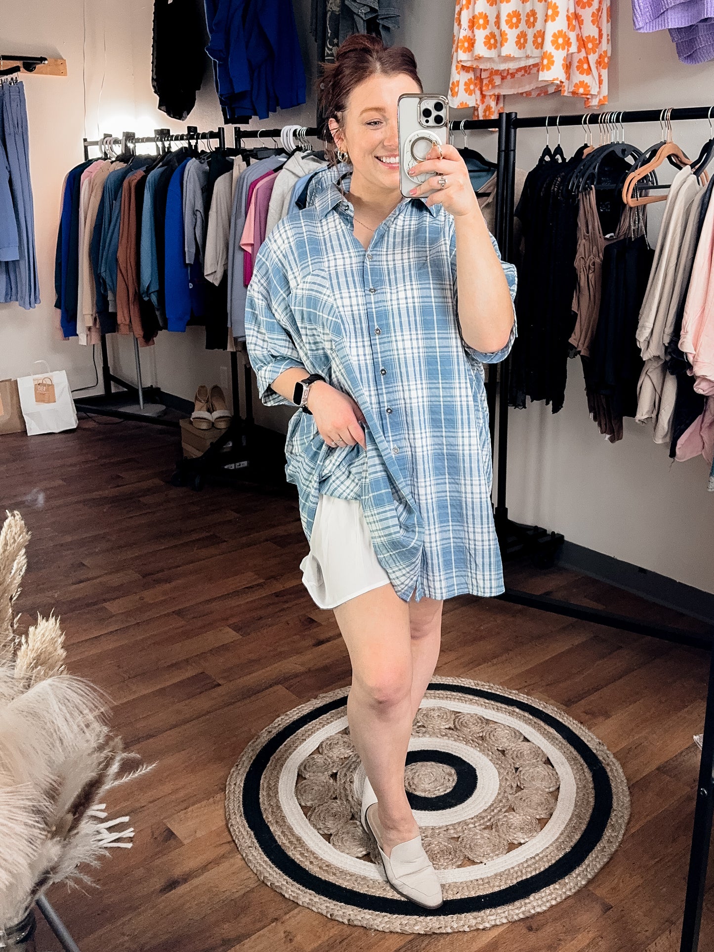 Chambray Plaid Mini Dress (+curvy)