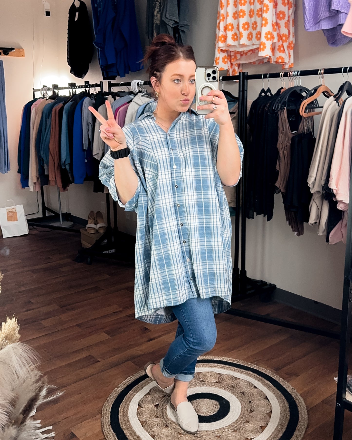 Chambray Plaid Mini Dress (+curvy)