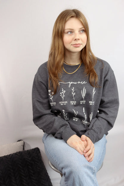 Jane Crewneck | you are (bible verses) + Dark Heather