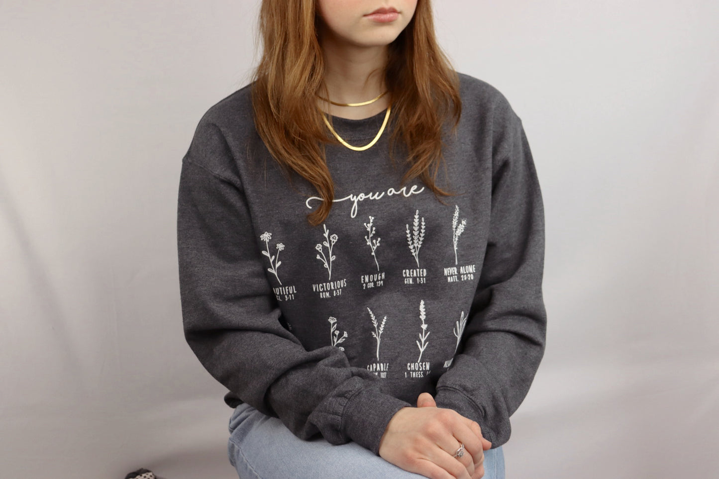 Jane Crewneck | you are (bible verses) + Dark Heather