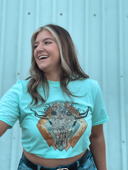 BIN- FINAL SALE, Teal Ice Western Diamond Bull Skull